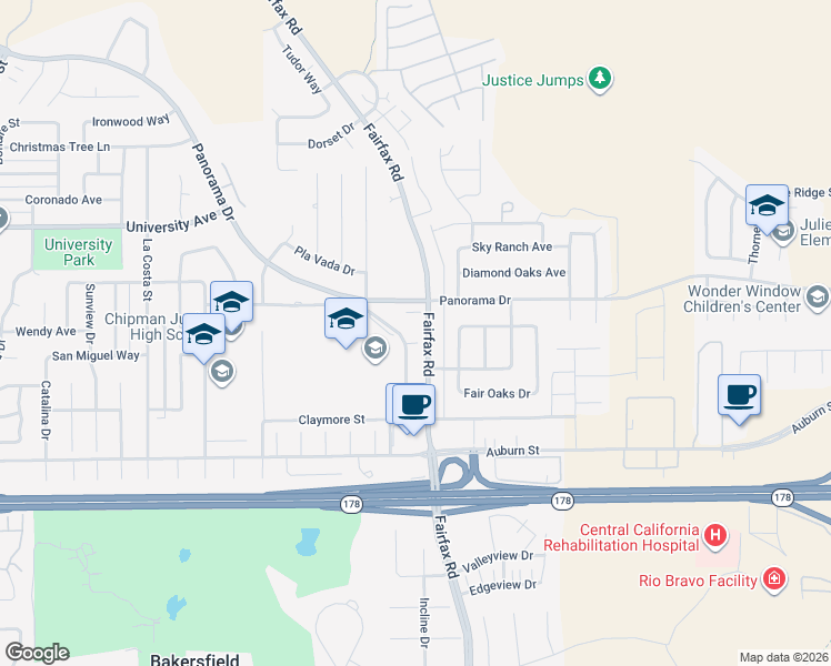 map of restaurants, bars, coffee shops, grocery stores, and more near 5308 Fairfax Road in Bakersfield