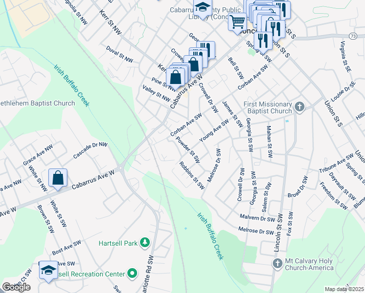 map of restaurants, bars, coffee shops, grocery stores, and more near 66 Powder Street Southwest in Concord