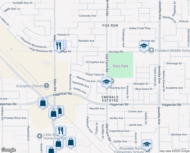 map of restaurants, bars, coffee shops, grocery stores, and more near 12310 Mauna Loa Avenue in Bakersfield