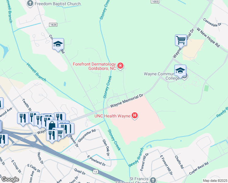 map of restaurants, bars, coffee shops, grocery stores, and more near 2607 Medical Office Place in Goldsboro