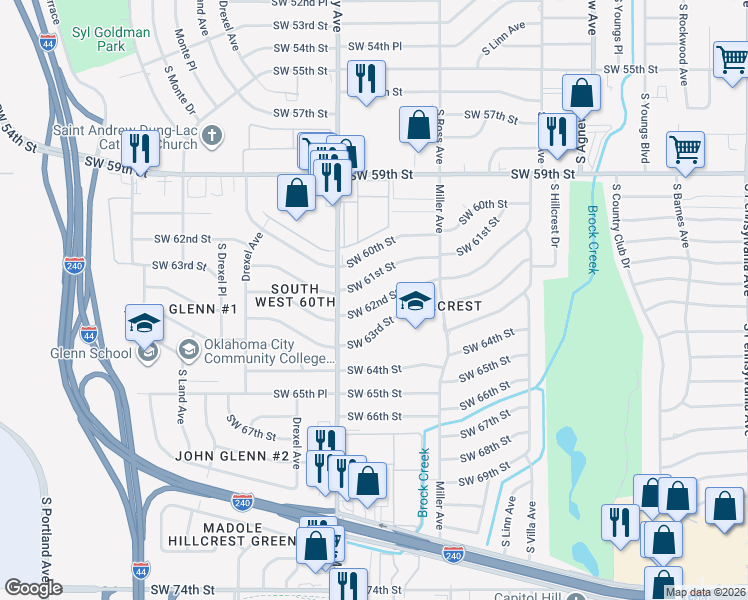 map of restaurants, bars, coffee shops, grocery stores, and more near 2825 Southwest 62nd Street in Oklahoma City