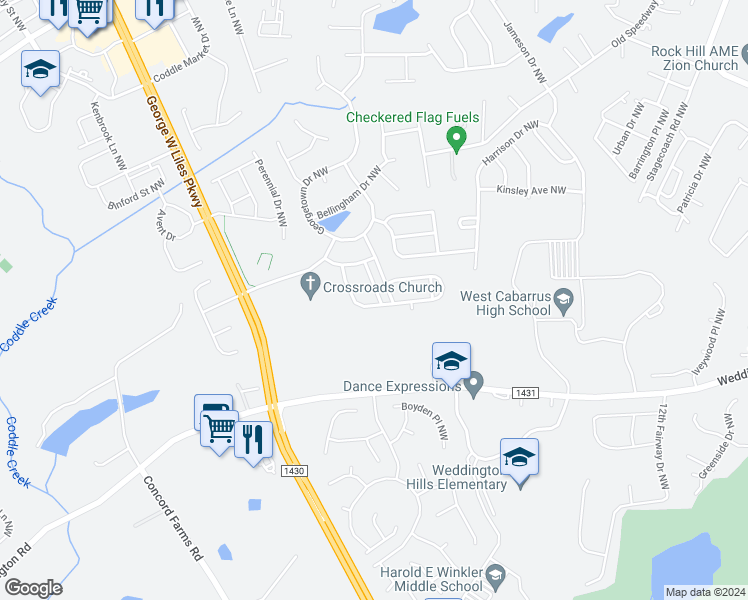 map of restaurants, bars, coffee shops, grocery stores, and more near 2580 McGinnes Place Northwest in Concord