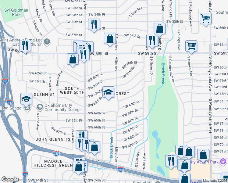 map of restaurants, bars, coffee shops, grocery stores, and more near 2705 Southwest 63rd Street in Oklahoma City