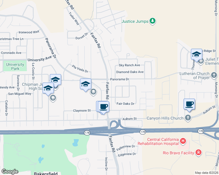 map of restaurants, bars, coffee shops, grocery stores, and more near 5305 Fairfax Road in Bakersfield