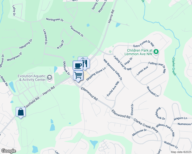 map of restaurants, bars, coffee shops, grocery stores, and more near 11080 J. C. Murray Drive Northwest in Concord