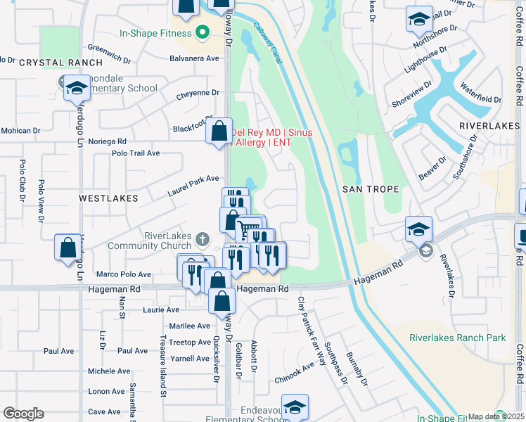 map of restaurants, bars, coffee shops, grocery stores, and more near 4607 Bayhill Way in Bakersfield