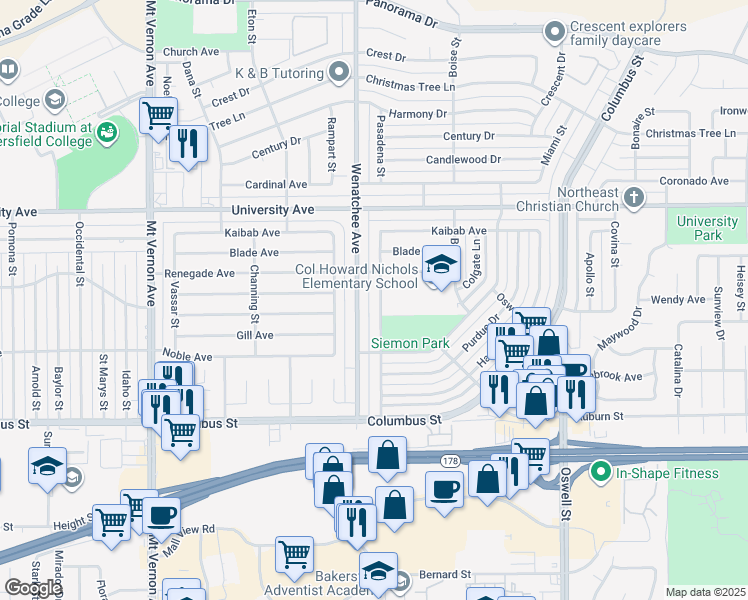 map of restaurants, bars, coffee shops, grocery stores, and more near 3112 Pasadena Street in Bakersfield