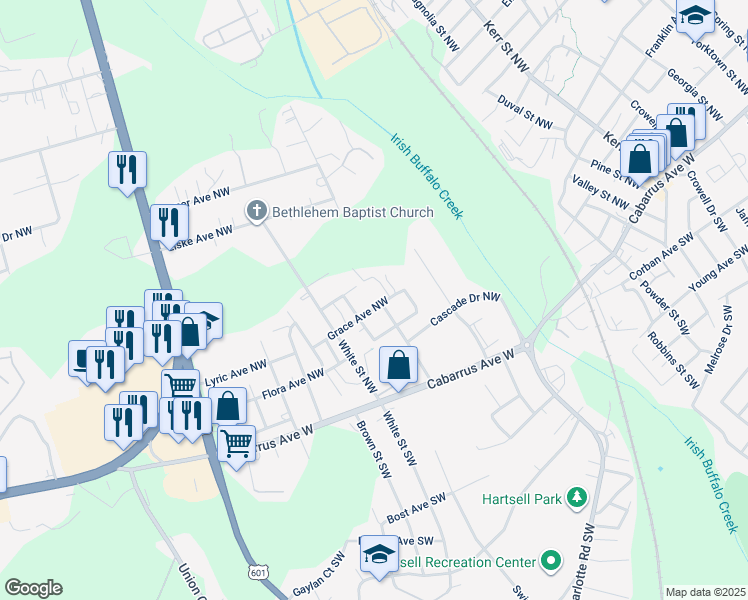 map of restaurants, bars, coffee shops, grocery stores, and more near Grace Avenue Northwest in Concord