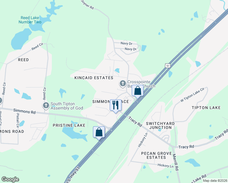 map of restaurants, bars, coffee shops, grocery stores, and more near 111 Blackhawk Cove in Munford
