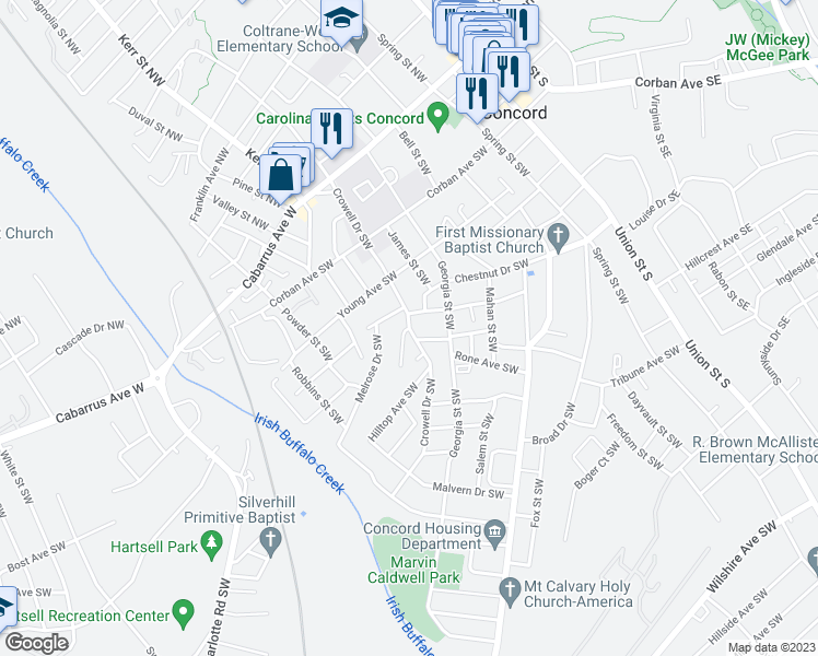 map of restaurants, bars, coffee shops, grocery stores, and more near Crowell Drive Southwest in Concord