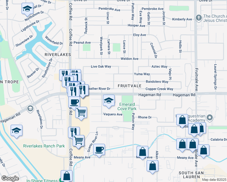 map of restaurants, bars, coffee shops, grocery stores, and more near 7505 Feather River Drive in Bakersfield