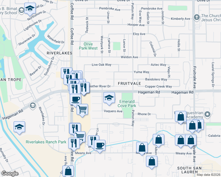 map of restaurants, bars, coffee shops, grocery stores, and more near 7505 Feather River Drive in Bakersfield