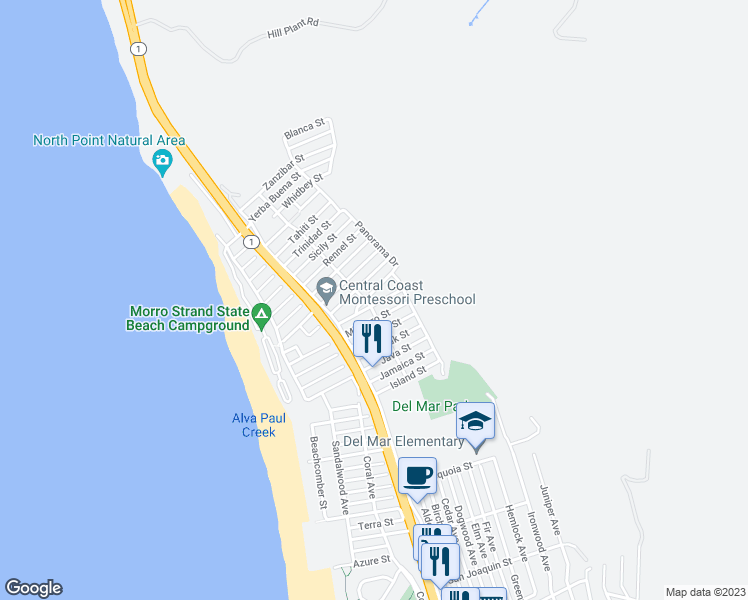 map of restaurants, bars, coffee shops, grocery stores, and more near 411 Nassau Street in Morro Bay