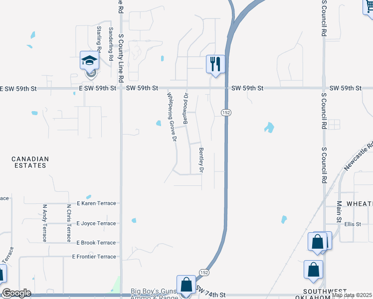 map of restaurants, bars, coffee shops, grocery stores, and more near 6505 Bentwood Drive in Oklahoma City