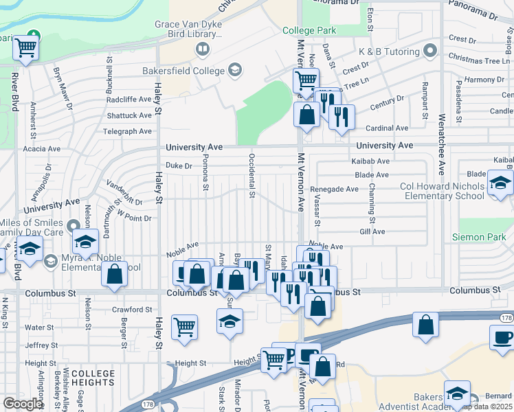 map of restaurants, bars, coffee shops, grocery stores, and more near 3113 Occidental Street in Bakersfield