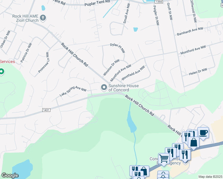 map of restaurants, bars, coffee shops, grocery stores, and more near 3020 Weddington Road in Concord