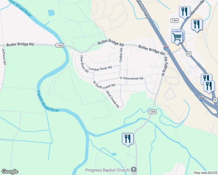 map of restaurants, bars, coffee shops, grocery stores, and more near 252 West Swift Creek Road in Fletcher