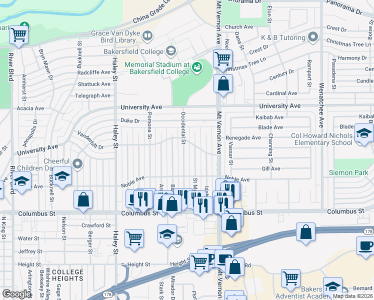 map of restaurants, bars, coffee shops, grocery stores, and more near 3113 Occidental Street in Bakersfield