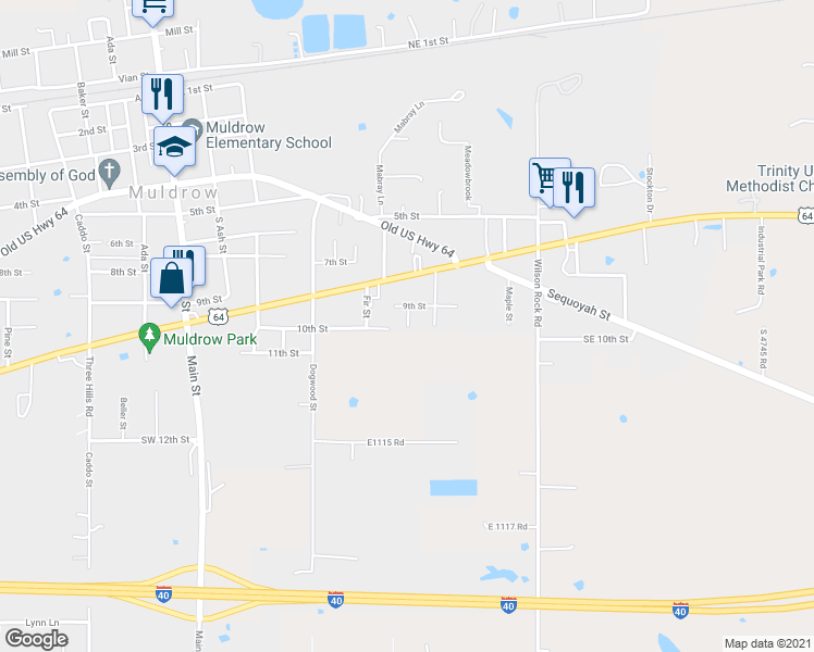 map of restaurants, bars, coffee shops, grocery stores, and more near 810 Short Street in Muldrow