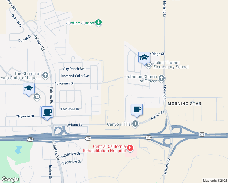 map of restaurants, bars, coffee shops, grocery stores, and more near 6222 Mithalia Way in Bakersfield