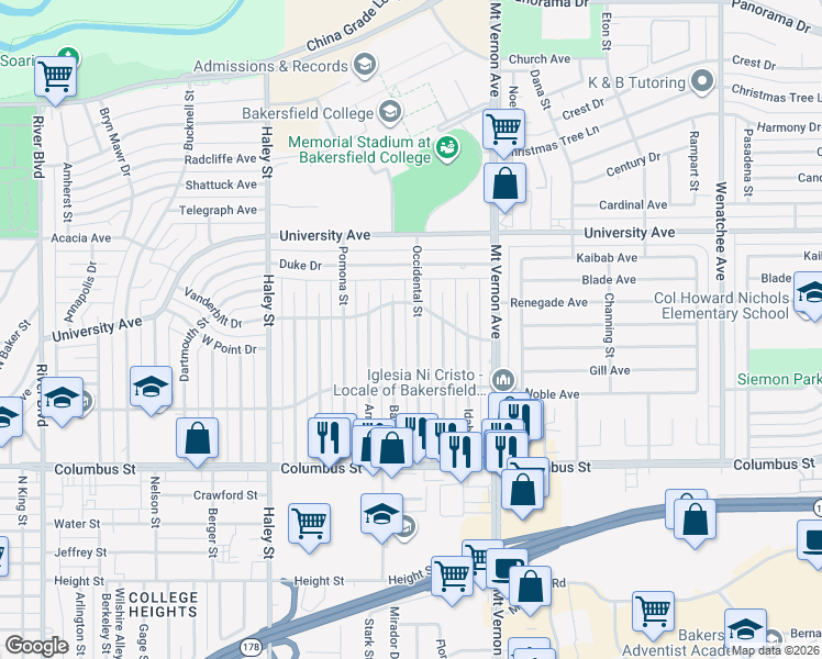map of restaurants, bars, coffee shops, grocery stores, and more near 3104 Occidental Street in Bakersfield