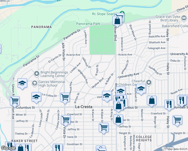 map of restaurants, bars, coffee shops, grocery stores, and more near 601 Walnut Avenue in Bakersfield