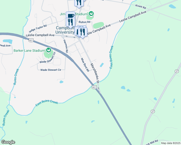 map of restaurants, bars, coffee shops, grocery stores, and more near 312 Mae Byrd Road in Lillington