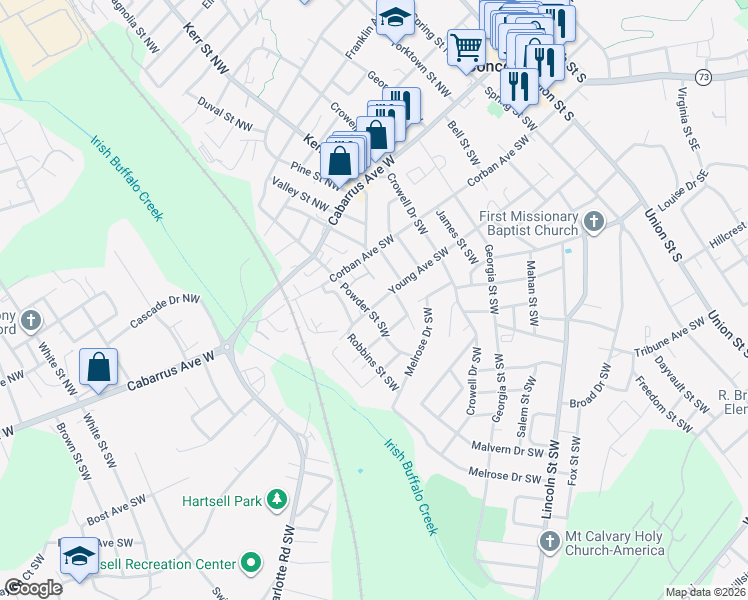 map of restaurants, bars, coffee shops, grocery stores, and more near 290 Young Avenue Southwest in Concord