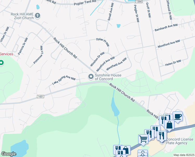 map of restaurants, bars, coffee shops, grocery stores, and more near 3020 Weddington Road in Concord