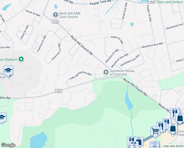 map of restaurants, bars, coffee shops, grocery stores, and more near 3681 Lake Spring Avenue Northwest in Concord