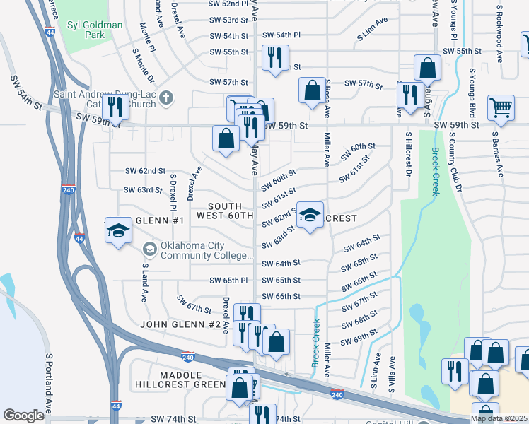 map of restaurants, bars, coffee shops, grocery stores, and more near 2825 Southwest 62nd Street in Oklahoma City
