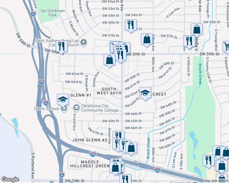 map of restaurants, bars, coffee shops, grocery stores, and more near 2907 Southwest 62nd Street in Oklahoma City