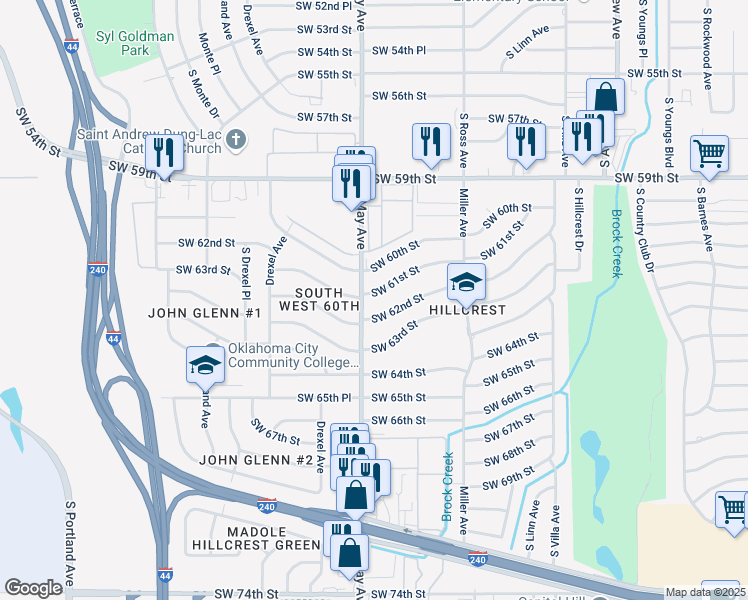 map of restaurants, bars, coffee shops, grocery stores, and more near 2825 Southwest 62nd Street in Oklahoma City