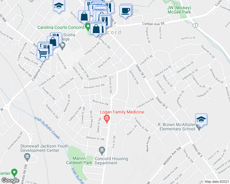 map of restaurants, bars, coffee shops, grocery stores, and more near 228 Tournament Drive Southwest in Concord
