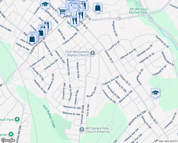 map of restaurants, bars, coffee shops, grocery stores, and more near 228 Tournament Drive Southwest in Concord