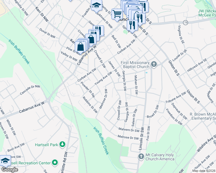 map of restaurants, bars, coffee shops, grocery stores, and more near 139 Melba Avenue Southwest in Concord