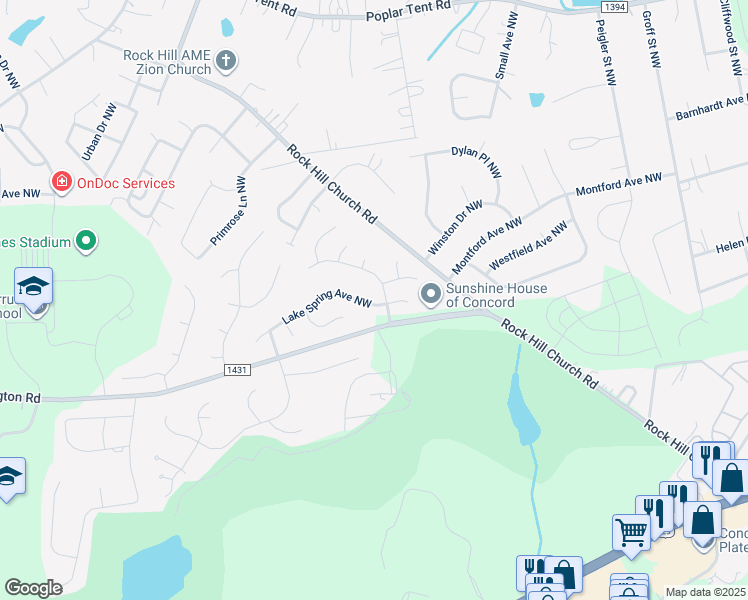 map of restaurants, bars, coffee shops, grocery stores, and more near 3681 Lake Spring Avenue Northwest in Concord