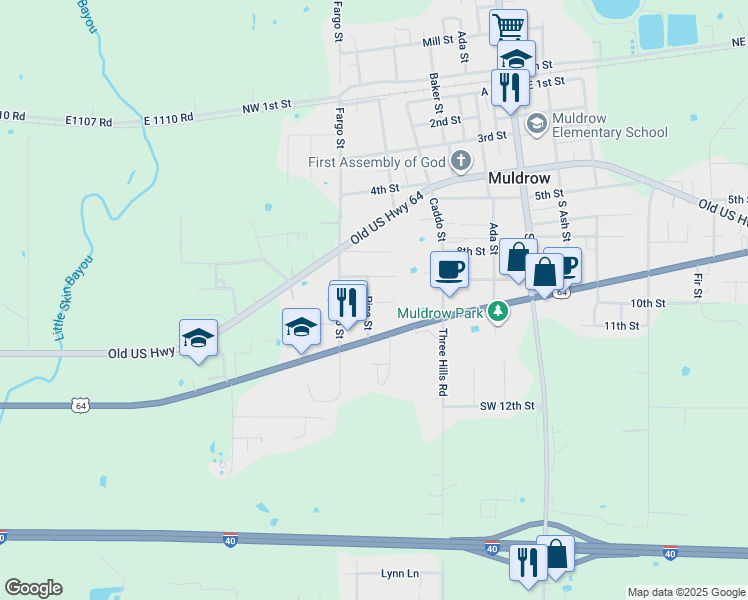 map of restaurants, bars, coffee shops, grocery stores, and more near 907 Pine Street in Muldrow