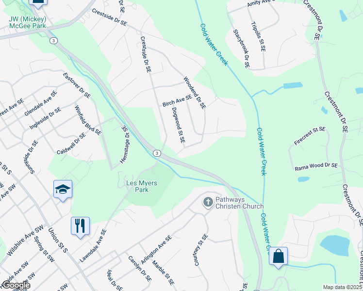 map of restaurants, bars, coffee shops, grocery stores, and more near 540 Dogwood Street Southeast in Concord