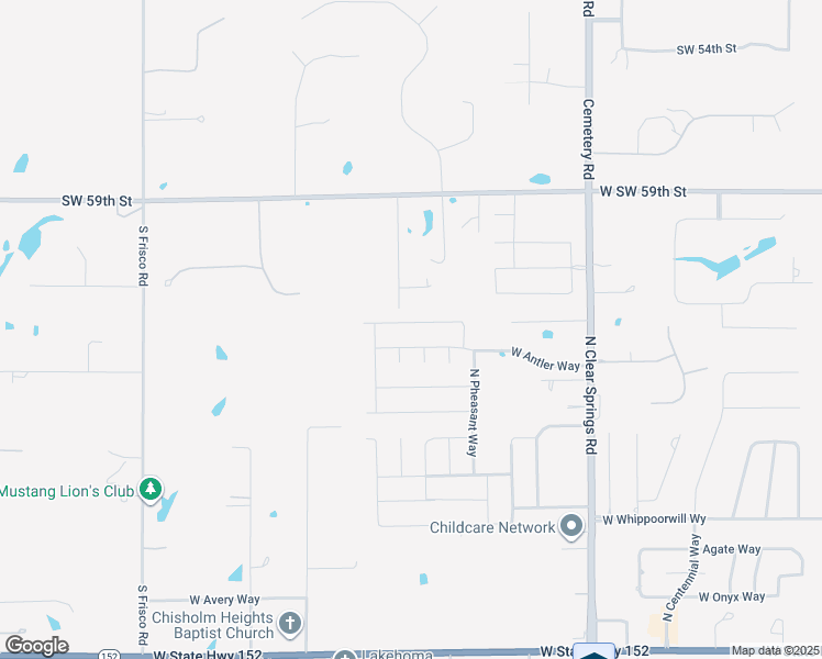 map of restaurants, bars, coffee shops, grocery stores, and more near 1003 North Trappers Court Way in Mustang