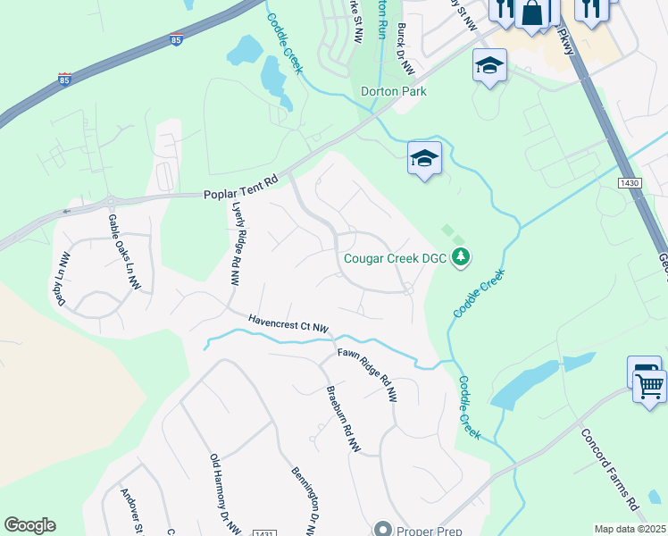 map of restaurants, bars, coffee shops, grocery stores, and more near 5924 Londonderry Court Northwest in Concord