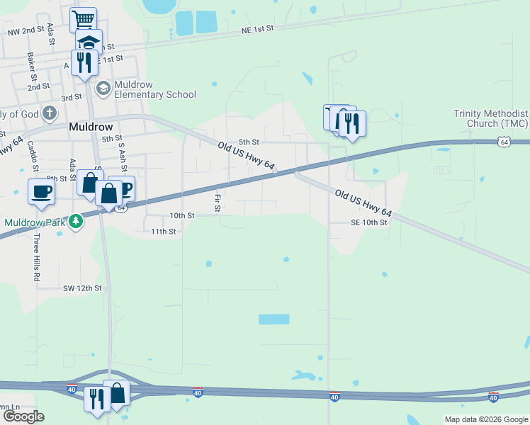 map of restaurants, bars, coffee shops, grocery stores, and more near 905 Ironwood Street in Muldrow