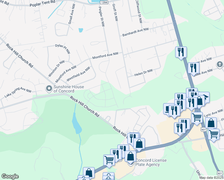 map of restaurants, bars, coffee shops, grocery stores, and more near 1204 Cavalier Court Northwest in Concord