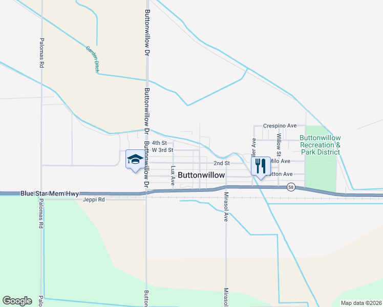 map of restaurants, bars, coffee shops, grocery stores, and more near 124 West 2nd Street in Buttonwillow