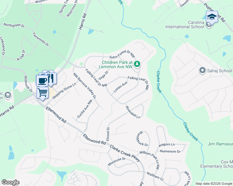 map of restaurants, bars, coffee shops, grocery stores, and more near 10135 Falling Leaf Drive Northwest in Concord