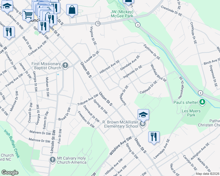 map of restaurants, bars, coffee shops, grocery stores, and more near 367 Sunset Drive Southeast in Concord