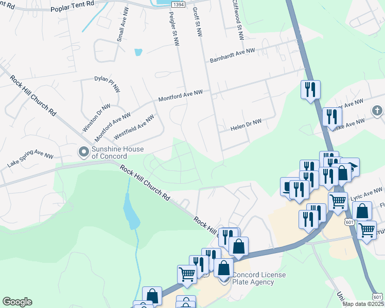 map of restaurants, bars, coffee shops, grocery stores, and more near 1204 Cavalier Court Northwest in Concord