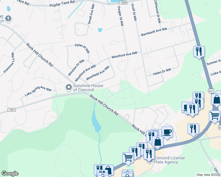 map of restaurants, bars, coffee shops, grocery stores, and more near 2897 Wendover Road Northwest in Concord