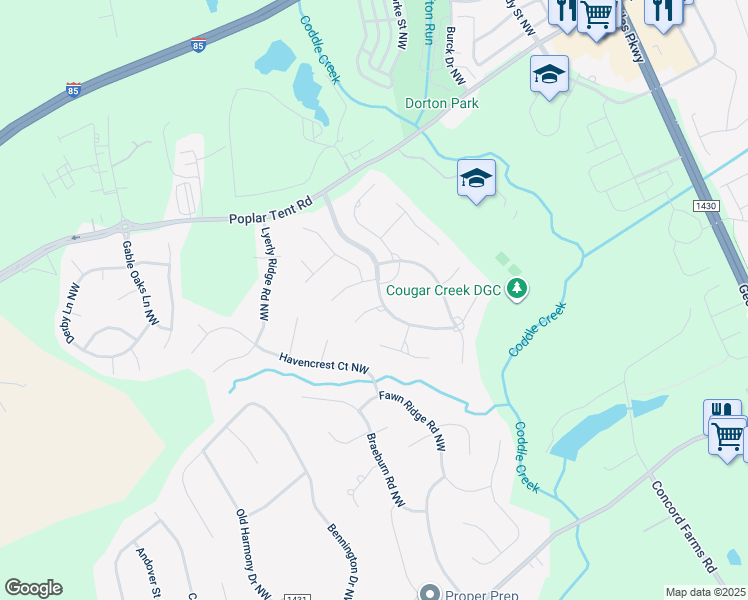 map of restaurants, bars, coffee shops, grocery stores, and more near 5924 Londonderry Court Northwest in Concord