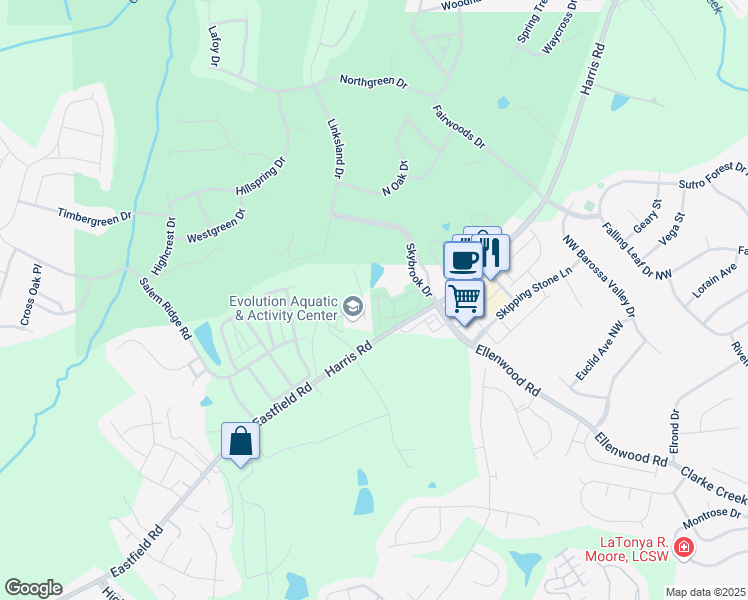 map of restaurants, bars, coffee shops, grocery stores, and more near 11180 Green Spring Drive in Huntersville